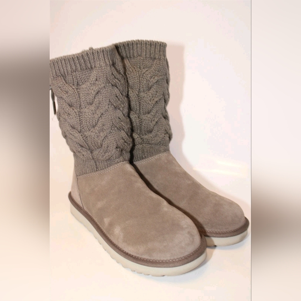 UGG Kiandra Willow Ribbon Bow Gray Knit Sweater Fabric Suede Shearling Boots 10 - Picture 10 of 16